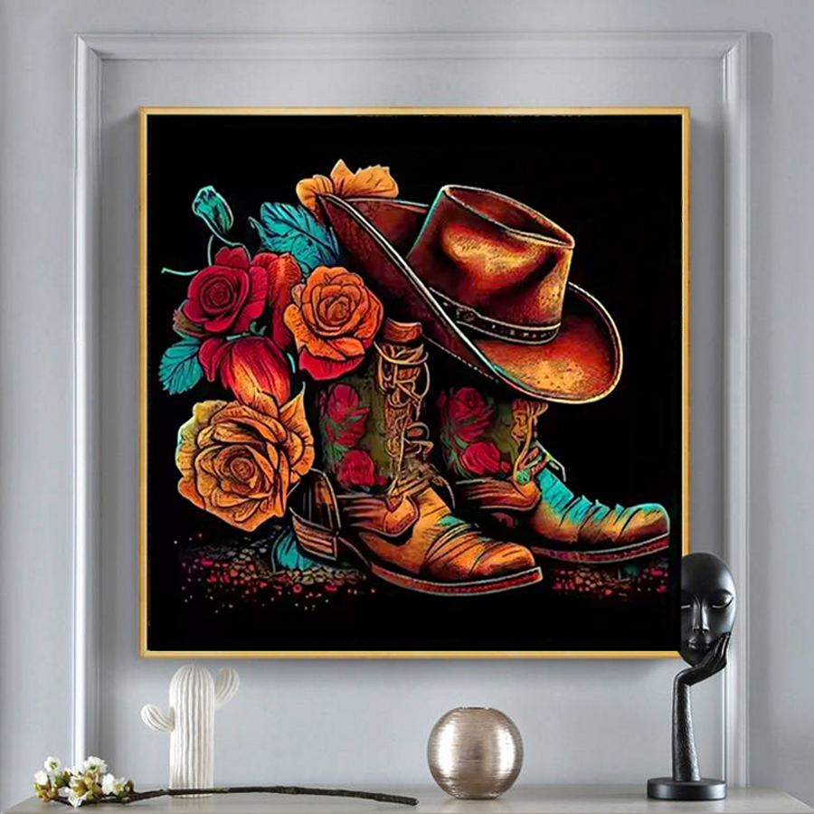 Resin Art Of Rose - قبعة رعاة البقر الأحذية الماس اللوحة